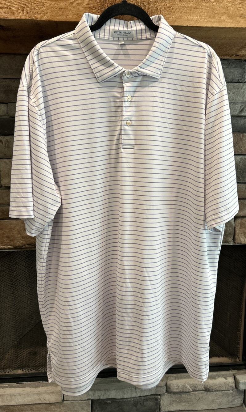 Men’s PETER MILLAR White Striped Summer Comfort Short Sleeve Polo Shirt XXL *B4